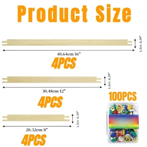 6 Sets Splicing Wooden Canvas Stretcher Bars – 3 Sizes (8/12/16 Inch, 4pcs per Size), 12pcs Total Needlepoint Embroidery & Needlework Frame Kit with 100 Tacks for Crafts, DIY Painting & Art