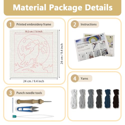 Doodlream Howling Wolf Needle Kit for Beginner, 9.4"x 9.4" Full Moon Night Punch Stitching Craft Set, Color DIY Embroidery Starter with Printed Frame, Instruction, Threader, Yarn, Pinch Needle - color: Wolf
