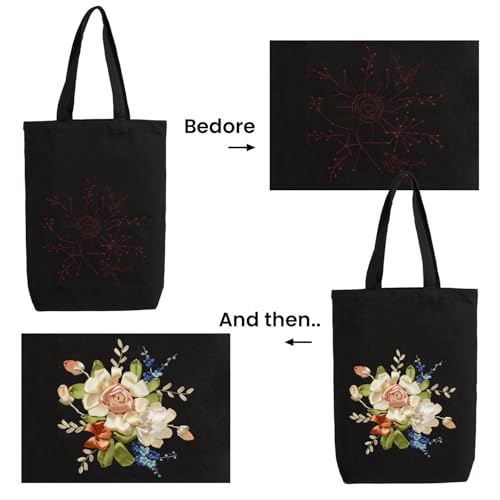 CREAWONDER Canvas Tote Bag Embroidery Kit with Pattern for Beginners, Arts and DIY Embroidery Crafts Kits for Adults, Include Instructions, Embroidery Hoops, Color Threads and Tool - color: Cr002 Xiaoqingxin06 Black