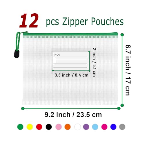 Plastic Mesh Zipper Pouch, 12Pcs Zipper File Bags with Label Pocket, A5 Size 9.2x6.7in, White - size: 9.2x6.7 in