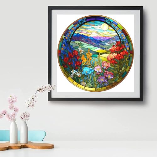 Stamped Cross Stitch Kits - Flower Mountain Landscape Counted Cross Stitch Kits for Beginners Adults,11 CT Patterns Dimensions Embroidery Kits Arts Craft Kits13.8 x 13.8inch - color: Cross Stitch Mountain Flower