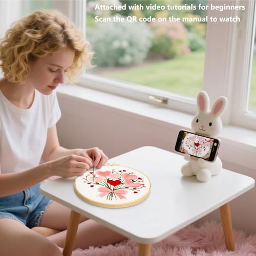 Heart Flower Embroidery Kits for Beginners Adults, Pink Embroidery Starter Kits, Counted Cross Stitch Kits for Adults Anniversary Valentine's Day Gift, Embroidery Hoops, Fabric Thread & Video Tutorial - color: H2033, size: 8Inch