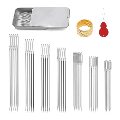 35 PCS Stainless Steel Sewing Needles Set, Large Eye Sharp Hand Sewing Needles in 7 Sizes, Leather Sewing Needles with 2 Needle Threaders and Metal Storage Case for Sewing, Craft and Embroidery