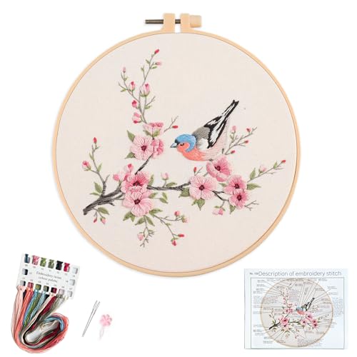 Silentsea Bird & Pink Blossoms Embroidery Kit – All-Inclusive DIY Cross Stitch Set with Pre-Printed Fabric, Threads, Needle, and Hoop for Adults – Perfect for Craft Lovers & Relaxation - color: Bird