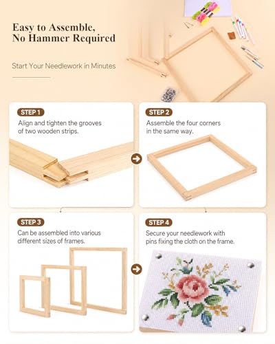 HAPPYER Needlepoint Stretcher Bars Kit, 12PCS Wooden Canvas Stretcher Bars Frame Set with Embroidery Kit, Cross Stitch Supplies, Fabric, Threads, Punch Needle Tools & Accessories for Needlework Craft - color: Light Wood Color