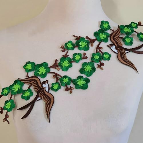 1pair Quince Sakura Flower Embroidery Iron On Applique Patches (Green) - color: Green