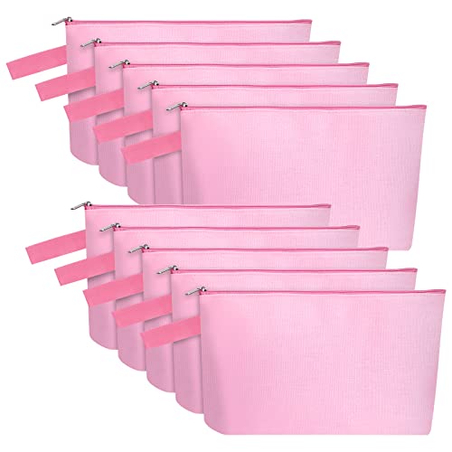 10 Pieces Cotton Canvas Makeup Bag with Bottom and Strap, Multi-Purpose Cosmetic Bag with Zipper Travel Toiletry Pouch, Blank DIY Craft Bag Pencil Bag (Pink, M) (MN-WB07) - color: Pink, size: M