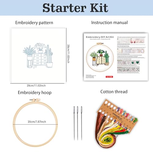 spicssa 2026 New Embroidery Set, Embroidery Kit for Beginners, Hand Needlepoint Kits for Adults with Pre-Stamped Patterns, 7.8-Inch Hoop, Threads & Needles, Step by Step Instructions - color: green plants C