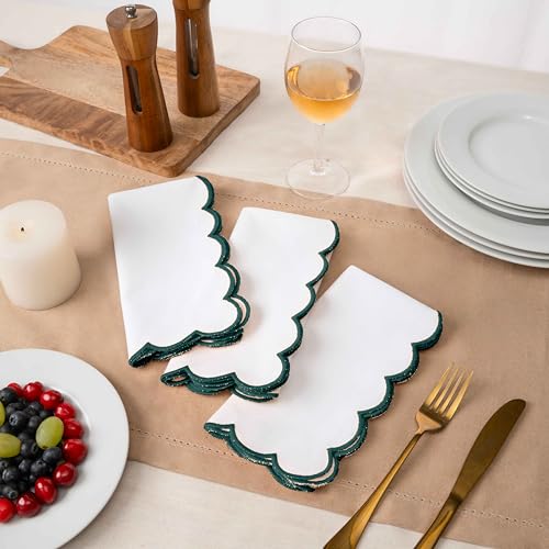 Blue Needles Cotton Scalloped Embroidery Cloth Napkins 17X17Inch - Set of 4 - color: White(edges - Green)