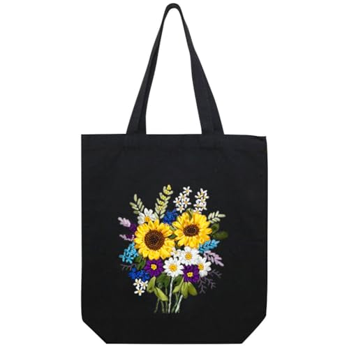 KABAKE Canvas Tote Bag Embroidery Silk Ribbon Kit for Beginners, Arts and DIY Crafts Starter Kit, Includes Stamped Bag, Threads, Tools (Black with Sunflower) - color: Black Bag with Sunflower