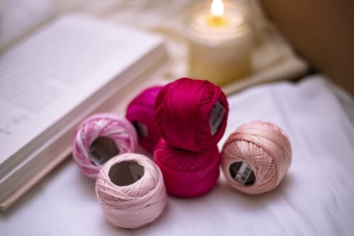 6 Balls Premium Pearl Cotton Embroidery Thread Size 8 | 100% Egyptian Cotton Crochet Yarn | Cross Stitch Embroidery Yarn | Oeko TEX Certified | 10 Grams per Ball (Pink Tones) - color: Pink Tones