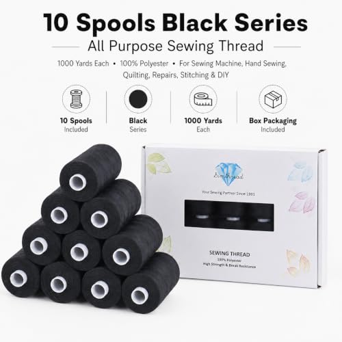 Simthread All Purpose Sewing Thread, 10 Spool 1000 Yards Each Bobbin Polyester Thread for Sewing, Handy Polyester Sewing Threads for Sewing Machine - (Black Series) - color: black series