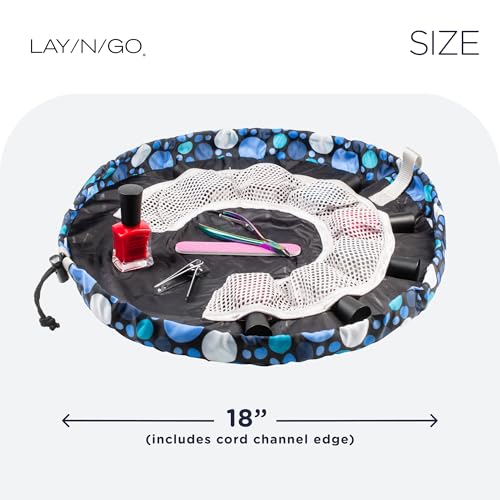 Lay-n-Go NailSpa Drawstring Cosmetic Bag - Portable Nail Supplies Organizer Bag w/ 8 Elastic Mesh Pockets & Circular Center - Durable, Machine Washable Nail Kit Organizer (18", Blue Polka Dot) - color: Dot Calm (Blue)