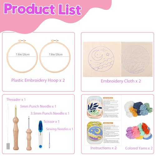 Cheloment 2 Sets Punch Needle Kits with 5mm/3.5mm Punch Needle,Fabric,Threader, Yarns and Hoops Embroidery Starter Kit for Adults Beginner, Perfect for DIY Craft and Decoration (Moon&Leaf) - size: Leaf & Moon