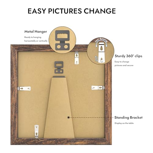 Hongkee 8x8 Picture Frame with Real Glass, Wood Frame 1 Pack(with Mat 6x6) - color: Rustic Brown, size: 8X8 in
