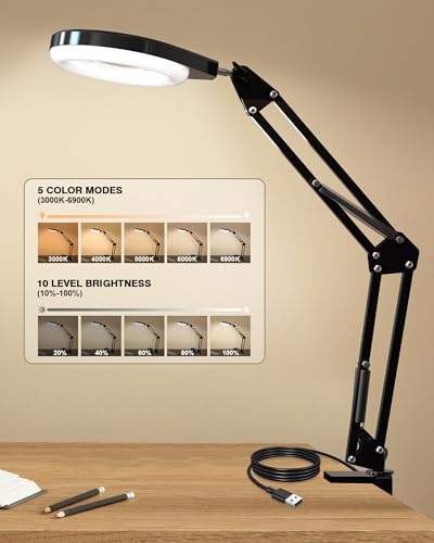 Magnifying Glass with Light, 10X & 5X Real Glass & Anti-Glare Lens, 5 Color Mode Stepless Dimmable LED Desk Magnifying Lamp, Hands-Free Desk Lamp with Clamp for Crafts Reading Repair Hobby (White)