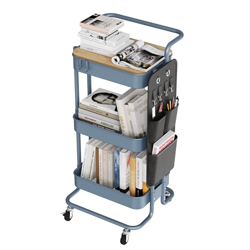 DTK 3-Tier Rolling Cart with Table Top, Metal Utility Cart with Side Bags - color: Blue, size: Large