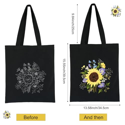 Canvas Tote Bag Embroidery Kit with Sunflower Pattern, Embroidery Kits for Beginners Adults, Arts and DIY Crafts Embroidery Starter kit, Include Stamped Embroidery Bag, Color Threads, Embroidery Tools - color: Black with Sunflower