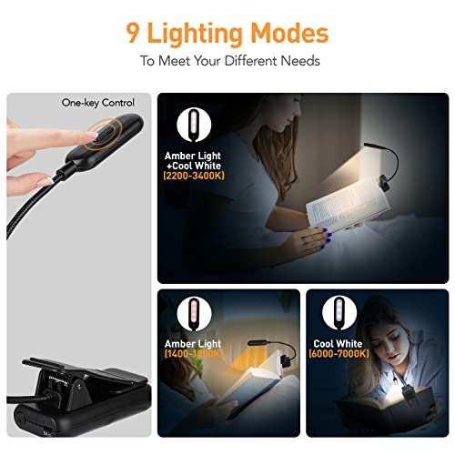 VAVOFO Amber Rechargeable Reading Light, Blue Light Blocking Book Light, 7 LEDs Eye Care 9 Colors 9 Brightness Clip On for Kids Bookworms Reading in Bed with Power Indicator Lasting 70h (Black) - size: 1-Pack Black