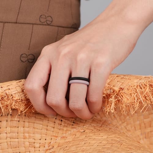 Egnaro Women's Silicone Wedding Ring 2.5mm Wide 1.8mm Thick Rubber Band Set - color: 1-Black, Bright Peach, Green, Cloudy Blue