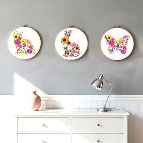 INFUNLY 6 Pack Animal Flowers Embroidery Starter Kit for Beginners Butterfly Cat DIY Embroidery Kits for Adults Rooster Squirrel Stamped Needlepoint Set with Step-by-Step Instruction Craft Lover Gift - style: Animal Flowers