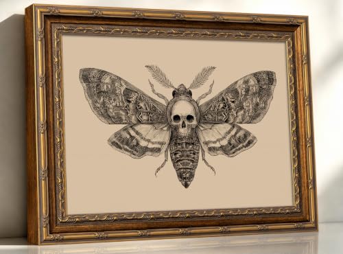 Vintage Gold Frame Skull Moth Wall Art, Gothic Canvas Painting Print for Dark Academia Decor, Moody Insect Picture for Living Room Bedroom Aesthetic, Nature Oddity Witchy Home Office Artwork 12x16 In - color: moth, size: 16"L x 12"W