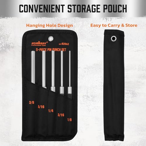 HORUSDY 5-Piece Roll Pin Punch Set, 8-Inch Carbon Steel Pin Punch Tool Kit (1/8" to 3/8") with Storage Pouch for Gunsmithing, Watch & Jewelry Repair