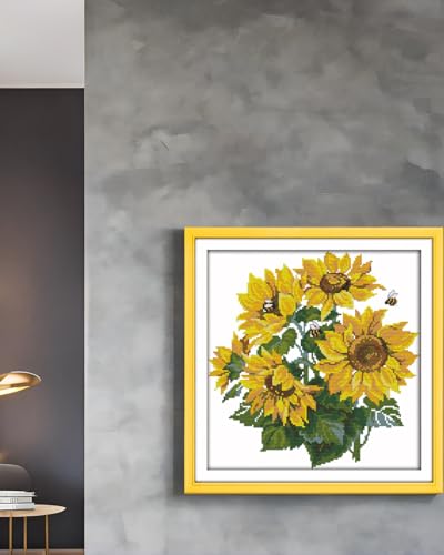 CaptainCrafts Cross Stitch Kits, New Counted Kit Unprinted 14CT Fabric Cross Stitching DIY Art DMC Needlecrafts Embroidery Kit for Adults Beginner (White, Sunflower) - color: Sunflower, style: White
