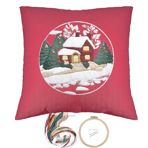 FONNUY Christmas Embroidery Kit for Beginners, Throw Pillow Case Cross Stitch Set Winter Snow House Holly Tree Pattern for Adults, Hand Works Crafts Throw Pillow Cover, 18 x 18'' (Red) - color: Red
