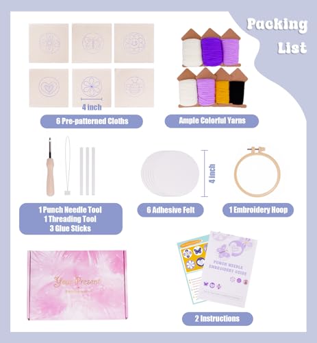 Nuoviyiya Punch Needle Coaster Kit for Adults Beginners, Complete Embroidery Kit with Adhesive Felt & Pre-Printed Patterns, Easy DIY Craft Set with Yarn, Hoop, Tools & Instructions