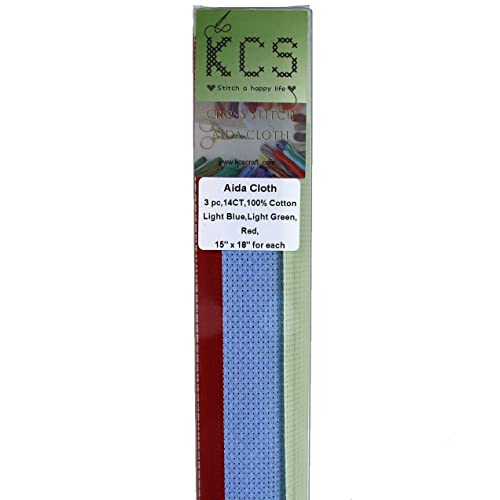 KCS 3 pc of 15" x 18" Counted Cross Stitch Cotton Aida Cloth Needlework Fabric,14CT,Light Blue+Light Green+Red - color: Light Blue+light Green+red, size: 14CT