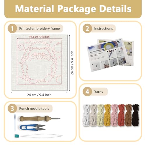 Doodlream Standing Hedgehog Needle Kit for Beginner, 9.4"x 9.4" Cute Animal Punch Stitching Craft Set, Color DIY Embroidery Starter with Printed Frame, Instruction, Threader, Yarn, Pinch Needle - color: Hedgehog