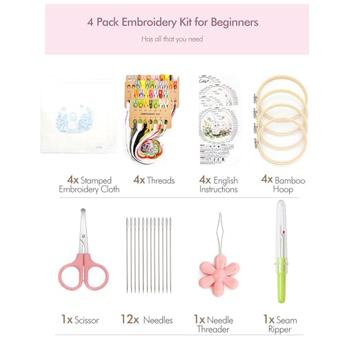 Peonfly Cat Embroidery Kit for Beginners, 4 Pack Stamped Embroidery Starter Kit with 4 Hoops, 9 Stitch Types Practice Sampler, Animal Floral Wall Hanging Décor (Value Pack) - style: packaged (Value Pack)