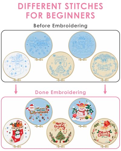 TINDTOP Christmas Embroidery Kit for Adult, 5 Pack Embroidery DIY Starter Kit, with Stamped Patterns, Hoop, Tools, Colorful Threads with Needles, Instructions - color: Christmas 5 Pack