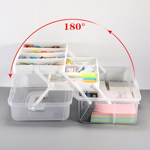 BTSKY 3-Layer Clear Plastic Dividing Storage Box Craft Organizer and Storage with Adjustable Spacers Portable Handled Art Supply Organizer Multipurpose Home Utility Box Sewing Organizers(Beige White) - color: Clear+Beige White