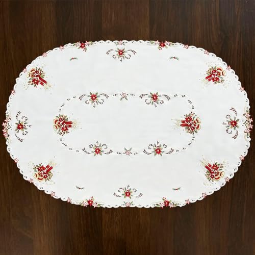 Grelucgo Holiday Tablecloth, White with Red Poinsettia Embroidered Design, Scalloped Edge, Christmas Dining Table Decor (Oval 57x84 Inches) - size: 84" x 57" (Oval)