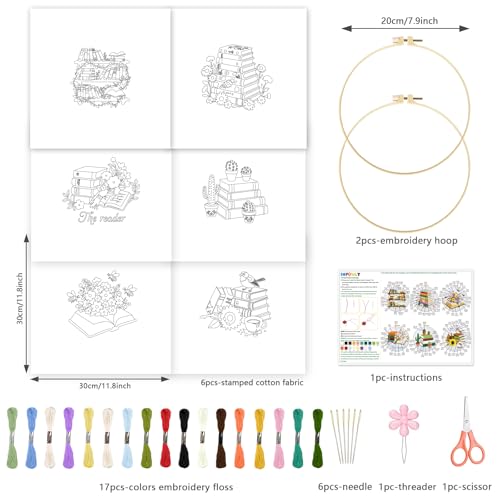INFUNLY 6 PCS Book and Flower Embroidery Kits for Beginners DIY Cross Stitch Starter Sets for Adults with Instructions Book Cacti Pattern Birds Needlepoint Kits with Embroidery Cloth Hoops Tools