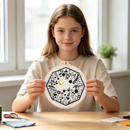 Mystical Embroidery Kits for Beginners Adults, Moon Wild Flowers Embroidery Starter Kit, Floral Stamped Cross Stitch Kits Needlepoint Kits for Beginners Adults, Embroidery Hoop, Thread, Video Tutorial - color: H2122