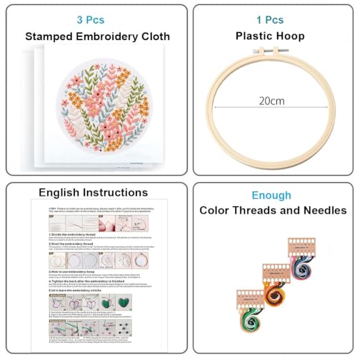Konrisa Blossoms Embroidery Kit for Adults Beginners, Floral Stamped Embroidery Starter Kit DIY Sewing Practice, Needlepoint Cross Stitch Set of 3 - color: flowers03