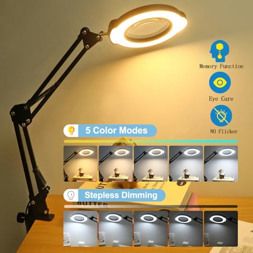 12X Magnifying Glass with Light and Stand, 5 Color Modes Stepless Dimmable - color: Black01