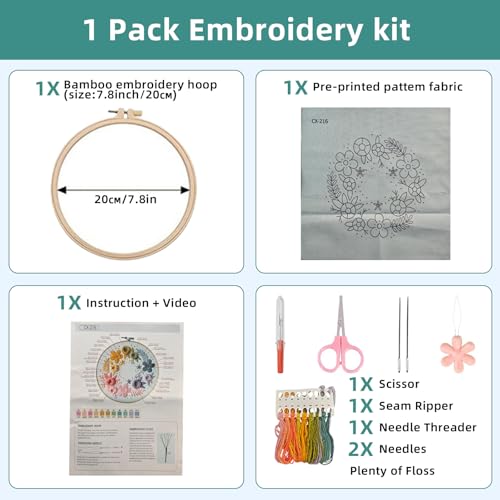 Herdiese Embroidery Kit for Beginners & Adults with Flower Pattern - color: Flower-B