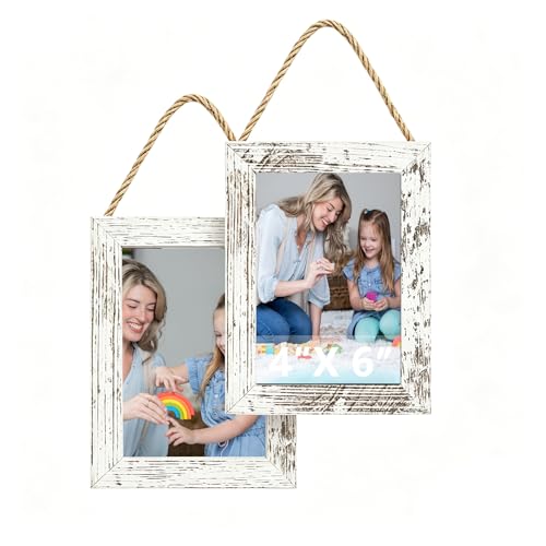 4x6 Hanging Collage Picture Frames Wall Decor, 1-Opening 4x6 Rustic Wood Frame with Hemp Rope Rustic White - color: Rustic White, size: 4x6