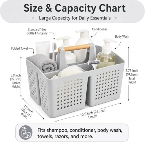Portable Shower Caddy Basket with 3 Compartments and Handle, Light Gray - color: Light Gray