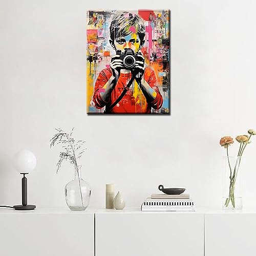 Banksy DIY Oil Painting Paint by Numbers Kits 16 x 20in A Boy Hold a Camera Street Pop Art Canvas Oil Painting Best Gift for Kids Students Adults Beginner with Brushes and Acrylic Pigment (DIY Frame) - color: Banksy-02, size: 16''Wx20''H(DIY Frame)