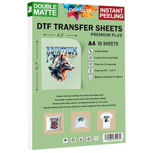 Printium DTF Transfer Film Sheets A4 (8.3 x 11.7 inch) | Premium Plus Instant Peel | Double Matte Anti-Static PET | 50 Pack | Heat Press Paper | ET8550 L1800 XP15000 XP600 R1390 I3200 TX800 5113 - size: Premium+ 50 Sheets