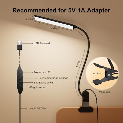 Vansuny Clip on LED Desk Lamp, Eye-Caring USB Reading Light for Home Office - color: Black