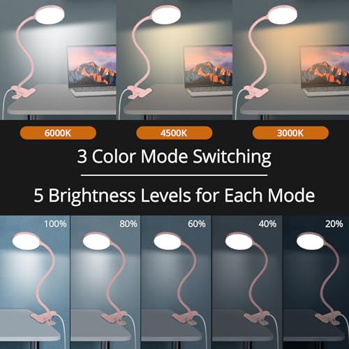 iFalarila Reading Light with Remote, LED Desk Lamp Clip on [1H Timer & Nightlight] RA>95 Dimmable Flexible Gooseneck, Reading Lamp with Clamp for Table - 4.7'' (Adapter Included) - style: 4.7'' Pink