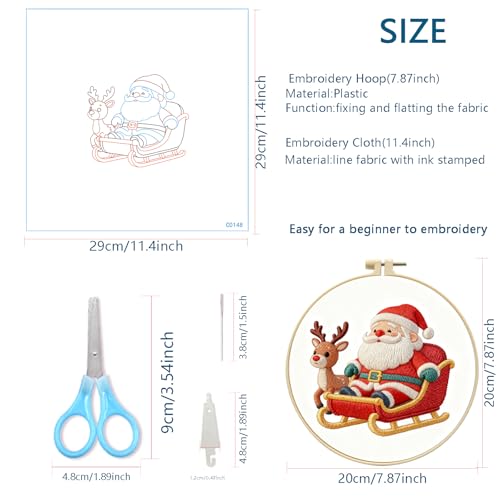Zhenqing Santa Reindeer Embroidery Kit for Beginners, Christmas Sleigh Needlework Kit with Pre-Printed Fabric, Hoop, Threads & Tools (C0148) - color: Santa Claus and Reindeer