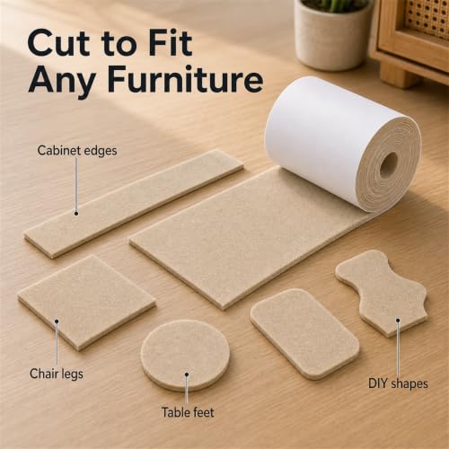 Felt Furniture Pads, Self Adhesive Felt Sheets Roll, Cuttable Felt Pads for Furniture Legs, Heavy Duty Furniture Pads for Hardwood Floors, Chair Wall Protector, Beige, 40 x 5 x 0.12 Inch - color: Beige, size: 5" x 40"