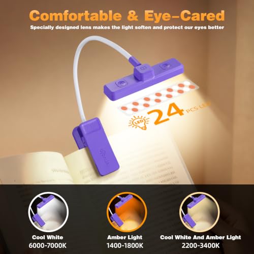 VAVOFO 24 LEDs Rotatable Book Light, Rechargeable Clip Reading Lamp - color: Dark Purple